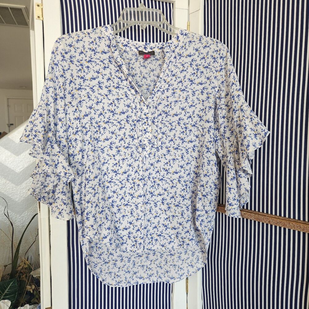 Vince Camuto White/ Blue Yellow Floral 3/4 Draped Sleeve Blouse Size XS